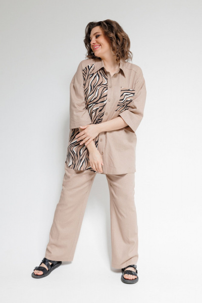 Льняной костюм Блуза и Брюки на каждый день дляOffice OVERYOU М101 бежевый - фото 10