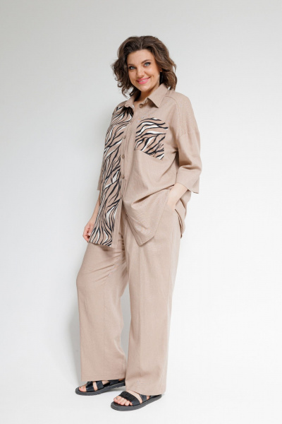 Льняной костюм Блуза и Брюки на каждый день дляOffice OVERYOU М101 бежевый - фото 9