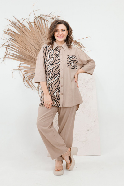 Льняной костюм Блуза и Брюки на каждый день дляOffice OVERYOU М101 бежевый - фото 6