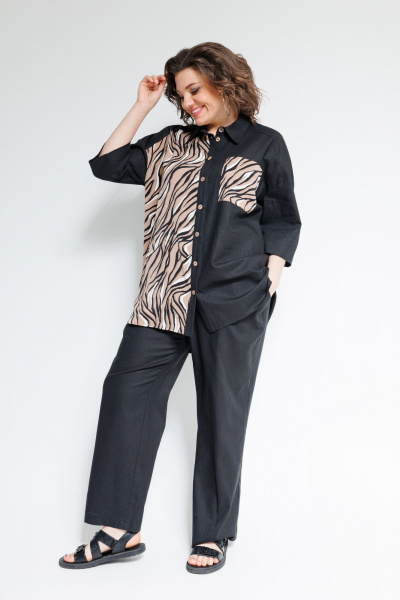 Льняной костюм Блуза и Брюки с классическим стилем OVERYOU М101-1 черный - фото 8