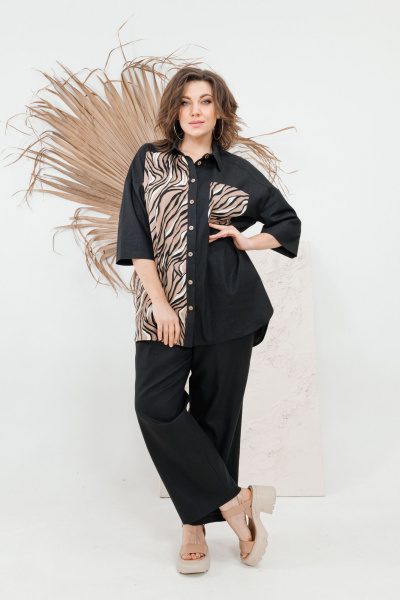 Льняной костюм Блуза и Брюки с классическим стилем OVERYOU М101-1 черный - фото 1