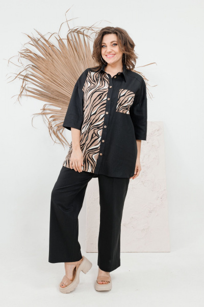 Льняной костюм Блуза и Брюки с классическим стилем OVERYOU М101-1 черный - фото 3