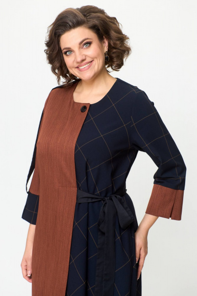 Деловое платье из двух тканей с поясом и складками Solomeya Lux 725 терракотовый+черный - фото 8