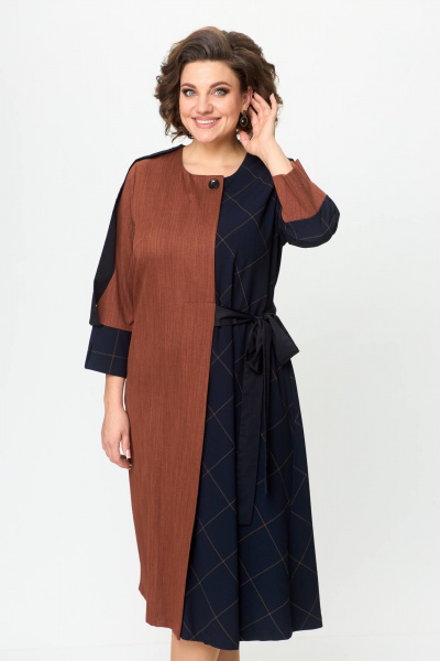 Деловое платье из двух тканей с поясом и складками Solomeya Lux 725 терракотовый+черный - фото 1
