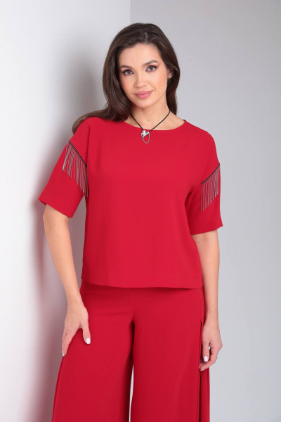 Костюм из блузы и брюков с разрезами и тесьмой Vilena 944 красный - фото 7