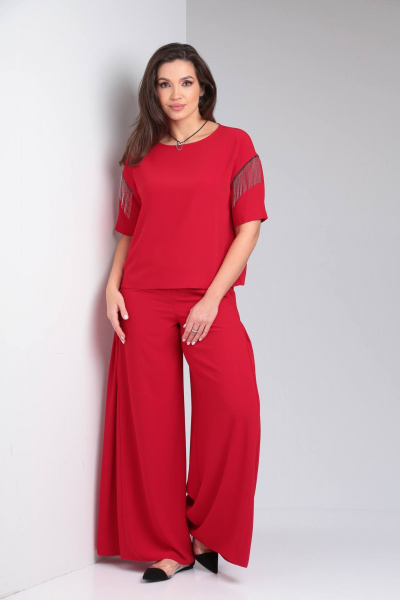 Костюм из блузы и брюков с разрезами и тесьмой Vilena 944 красный - фото 2