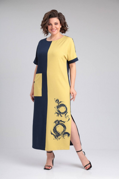 Платье LadisLine 1494 темно-синий+горчица - фото 1