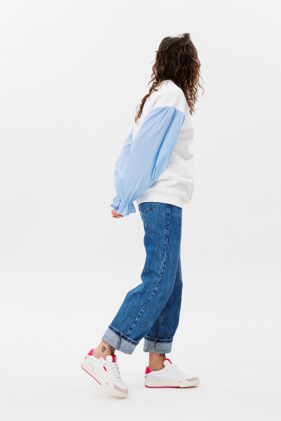 Демисезонный свободный джемпер из футера и блузочной ткани HIT 2019 белый,голубой - фото 6