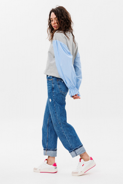 Демисезонный свободный джемпер из трикотажа и текстиля HIT 2019 серый,голубой - фото 4