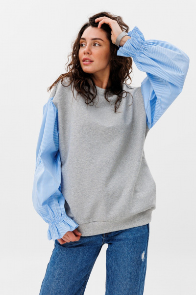 Демисезонный свободный джемпер из трикотажа и текстиля HIT 2019 серый,голубой - фото 1
