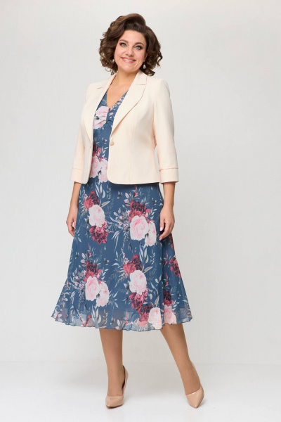 Демисезонный комплект из костюмной ткани: платье и жакет Slaviaelit 166 лазурно-серый+пудровый - фото 2