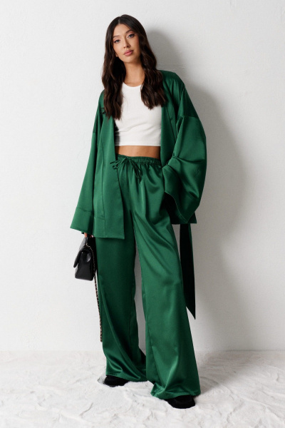 Брюки прямого кроя из изумрудного атласа с кулиской ANNETE A1181 - фото 1