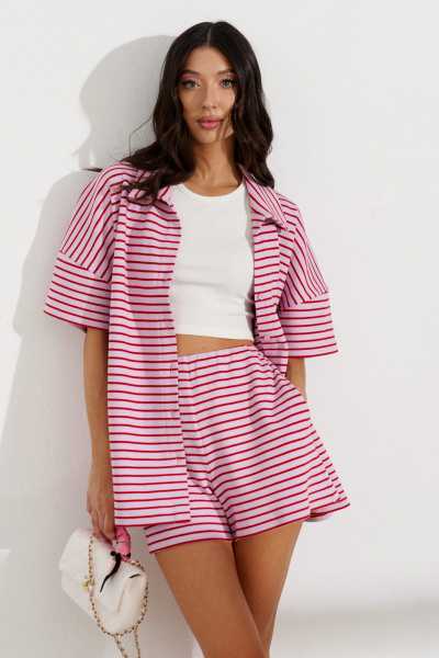 Розовый трикотажный комплект из шорт и свободной рубашки ANNETE A4196 - фото 9