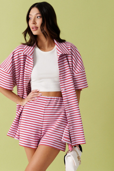 Розовый трикотажный комплект из шорт и свободной рубашки ANNETE A4196 - фото 7