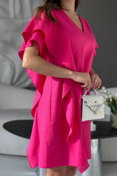 Розовое платье из льна с рельефами и поясом-завязкой Dilana VIP 2049 малина - фото 5