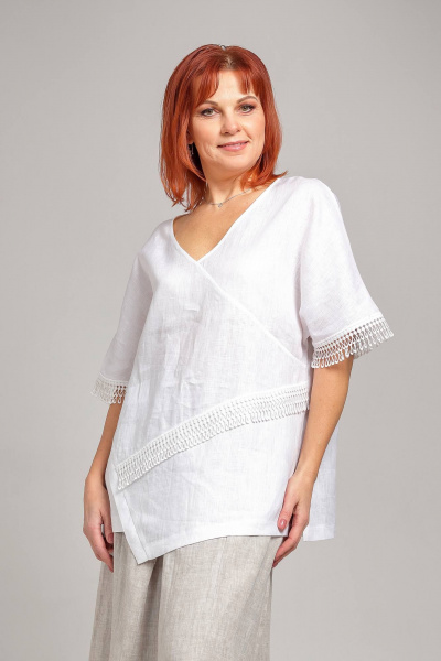Туника прямого силуэта из льна с кружевной отделкой Соджи 547 белый - фото 1