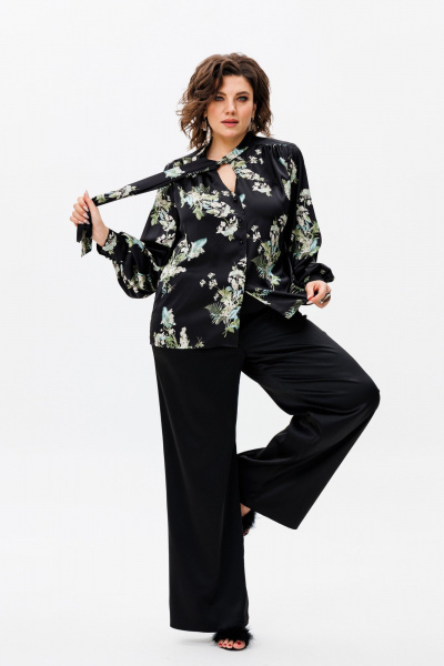Шелковая блуза с галстуком и V-вырезом из вискозы Anelli 1428 черный - фото 6