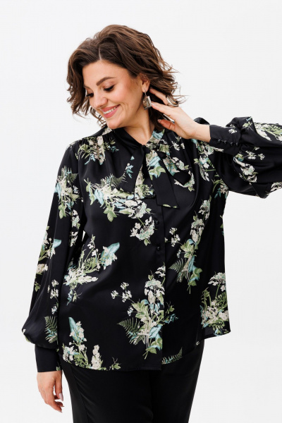 Шелковая блуза с галстуком и V-вырезом из вискозы Anelli 1428 черный - фото 5