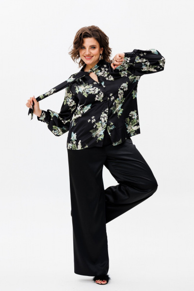 Шелковая блуза с галстуком и V-вырезом из вискозы Anelli 1428 черный - фото 3