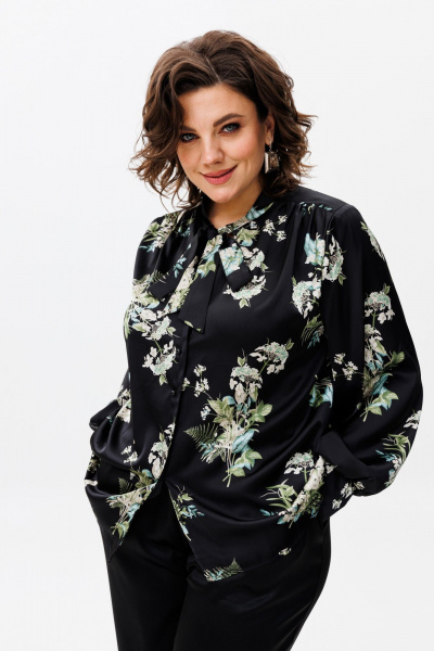 Шелковая блуза с галстуком и V-вырезом из вискозы Anelli 1428 черный - фото 2