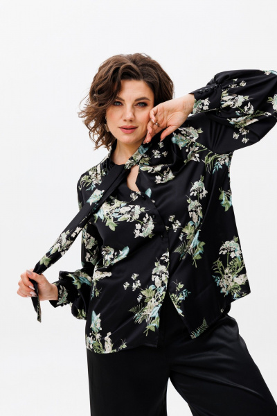 Шелковая блуза с галстуком и V-вырезом из вискозы Anelli 1428 черный - фото 1