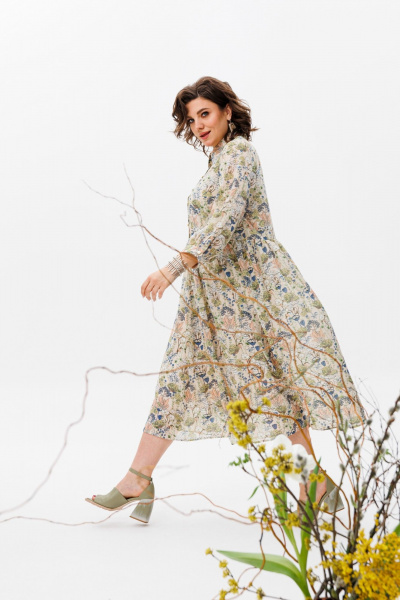 Элегантное шифоновое платье с комбинированным низом Anelli 1362 крем - фото 6