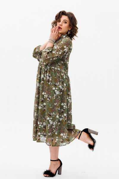 Свободное шифоновое платье с воротником-стойкой и комбинированным низом Anelli 1362 мох - фото 6