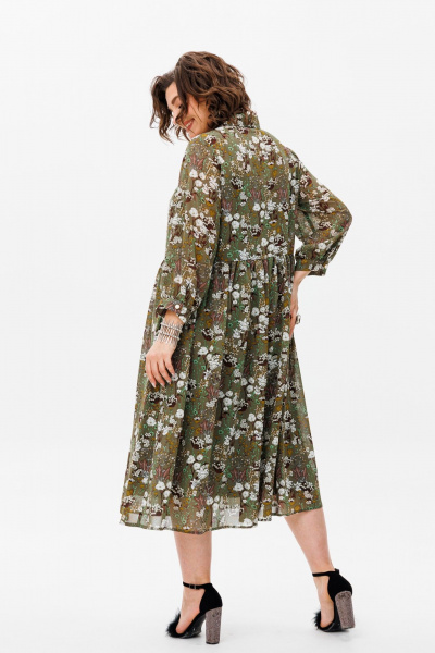 Свободное шифоновое платье с воротником-стойкой и комбинированным низом Anelli 1362 мох - фото 4