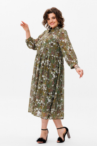 Свободное шифоновое платье с воротником-стойкой и комбинированным низом Anelli 1362 мох - фото 1