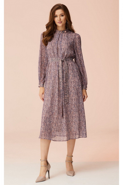 Свободное платье из шифона с воротником-стойкой и поясом Faufilure C1492 розово-фиолетовый - фото 2