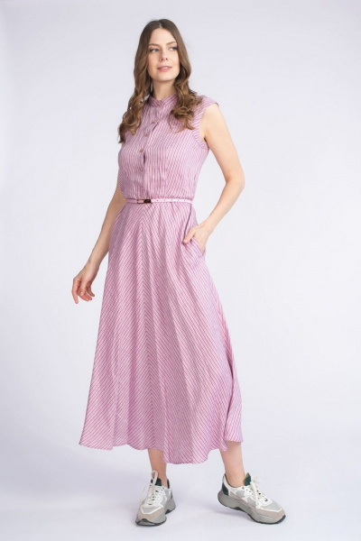 Льняное платье с поясом и карманами на каждый день FASHION CENTRE Л-3223 сиреневый_в_полоску - фото 3