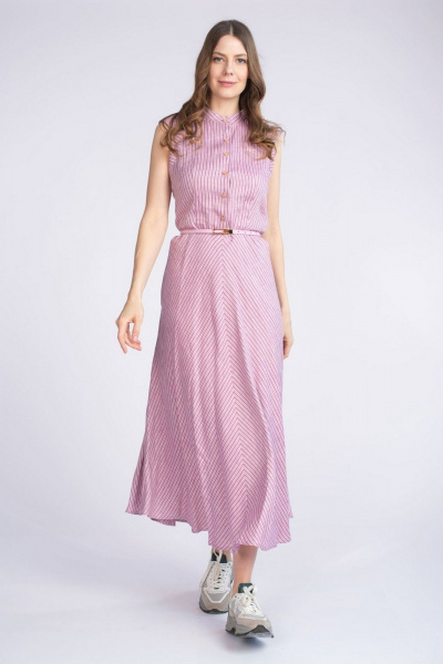 Льняное платье с поясом и карманами на каждый день FASHION CENTRE Л-3223 сиреневый_в_полоску - фото 2