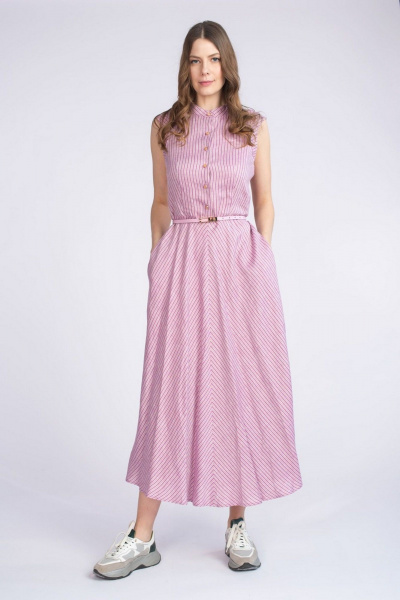 Льняное платье с поясом и карманами на каждый день FASHION CENTRE Л-3223 сиреневый_в_полоску - фото 1