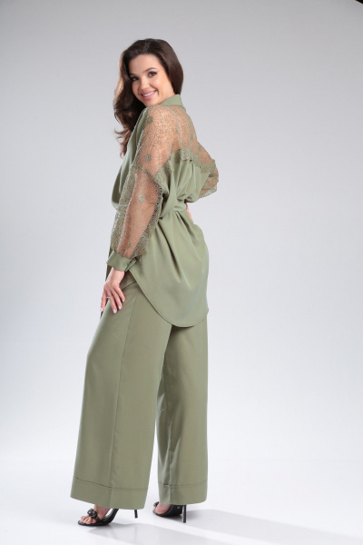Женский брючный комплект из вискозы с кружевной блузой Michel chic 1369 хаки - фото 9