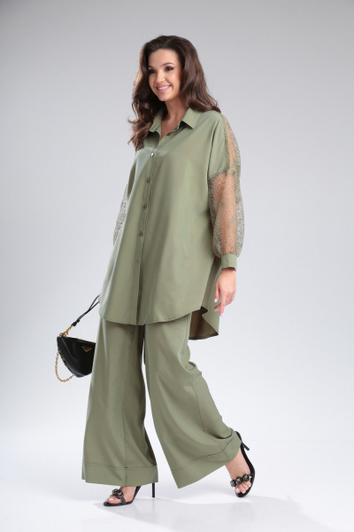 Женский брючный комплект из вискозы с кружевной блузой Michel chic 1369 хаки - фото 7