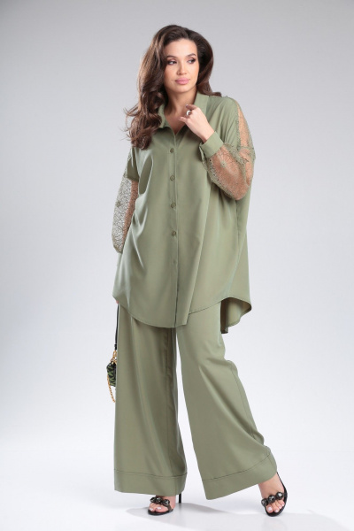 Женский брючный комплект из вискозы с кружевной блузой Michel chic 1369 хаки - фото 6