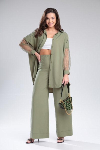 Женский брючный комплект из вискозы с кружевной блузой Michel chic 1369 хаки - фото 5