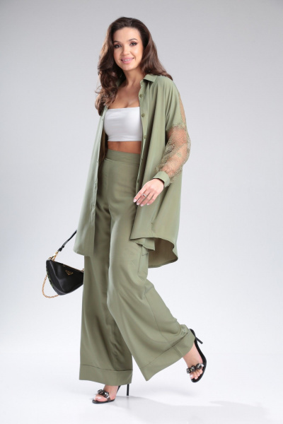 Женский брючный комплект из вискозы с кружевной блузой Michel chic 1369 хаки - фото 4