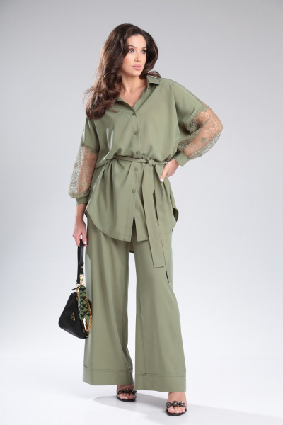 Женский брючный комплект из вискозы с кружевной блузой Michel chic 1369 хаки - фото 1