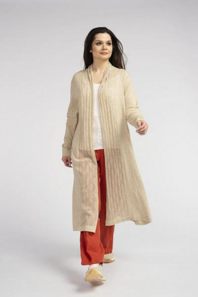 Длинный воздушный кардиган из натуральной пряжи FASHION CENTRE ХЛ-3724 бежевый - фото 6