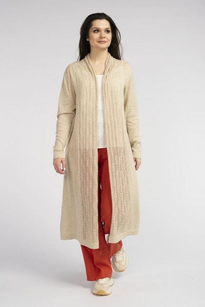 Длинный воздушный кардиган из натуральной пряжи FASHION CENTRE ХЛ-3724 бежевый - фото 5