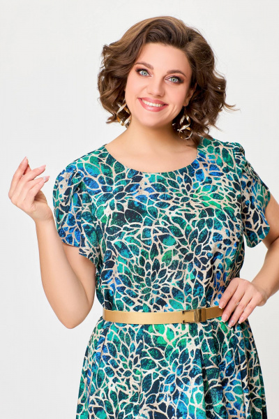 Многоцветное летнее платье с рельефами и расклешенной юбкой Swallow 725 бирюзово-бежевый_принт - фото 11