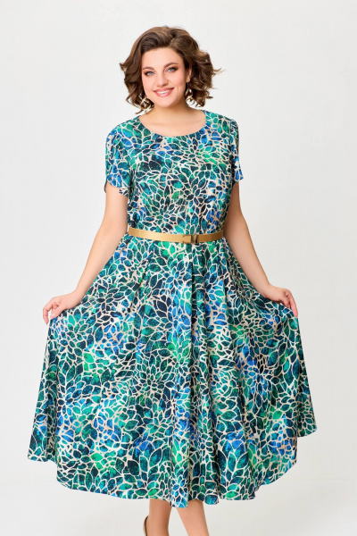 Многоцветное летнее платье с рельефами и расклешенной юбкой Swallow 725 бирюзово-бежевый_принт - фото 10