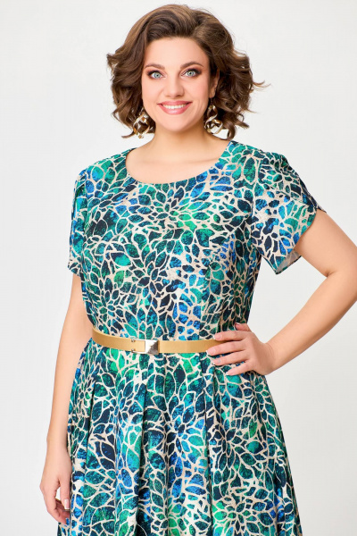 Многоцветное летнее платье с рельефами и расклешенной юбкой Swallow 725 бирюзово-бежевый_принт - фото 9