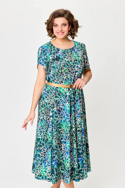 Многоцветное летнее платье с рельефами и расклешенной юбкой Swallow 725 бирюзово-бежевый_принт - фото 8