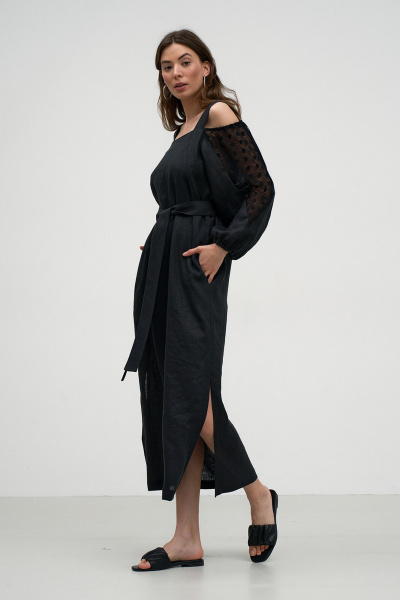 Льняное летнее платье с карманами, бретелями и рукавами из кружева Art Ribbon M1007P - фото 2