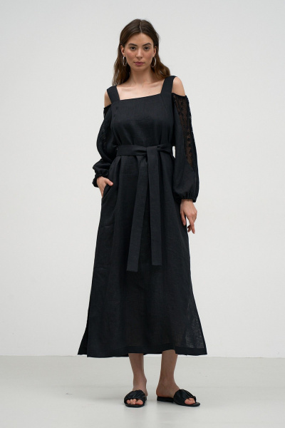 Льняное летнее платье с карманами, бретелями и рукавами из кружева Art Ribbon M1007P - фото 1