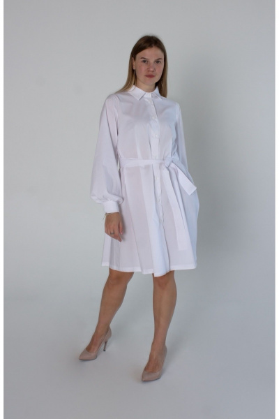 Платье А-силуэта из текстиля с поясом и пуговицами Mita ЖМ1208 белый - фото 1