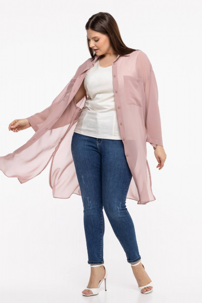 Блуза-рубашка из шифона и текстиля с пуговицами и рукавом 7/8 Avila 0955 пудровый - фото 4
