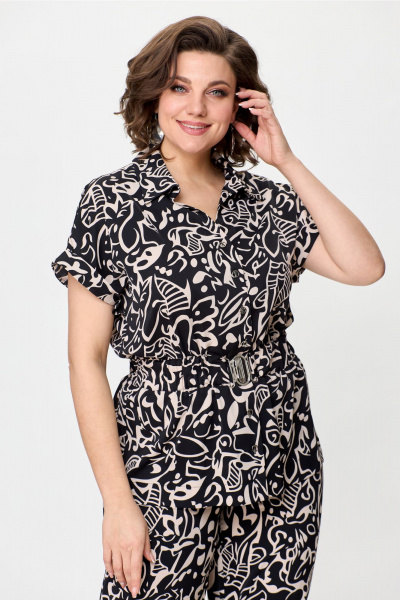 Комплект из атласной блузы и расширенных брюк с резинкой Bonna Image 899 черный - фото 7